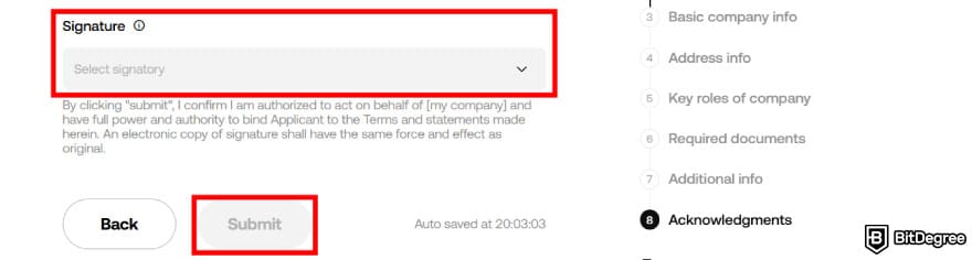 How to open a company account on OKX: acknowledgements page on OKX.