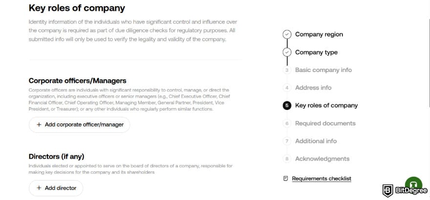 How to open a company account on OKX: company's key roles verification on OKX.