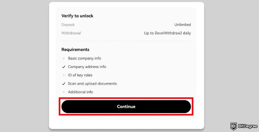 How to open a company account on OKX: [Continue] button for saved verification on OKX.