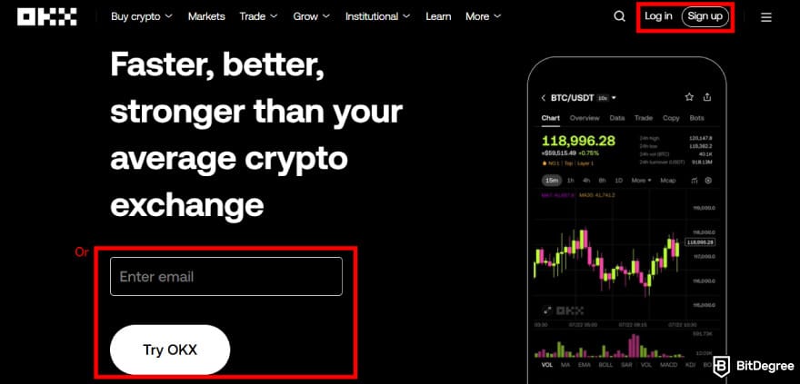 How to open a company account on OKX: [Sign Up] and [Try OKX] buttons on OKX homepage.