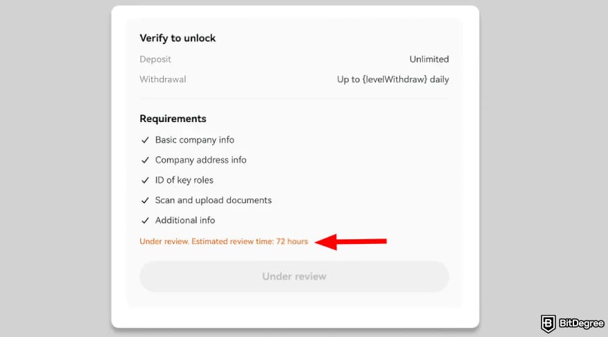 How to open a company account on OKX: verification status marked [Under review] on OKX.