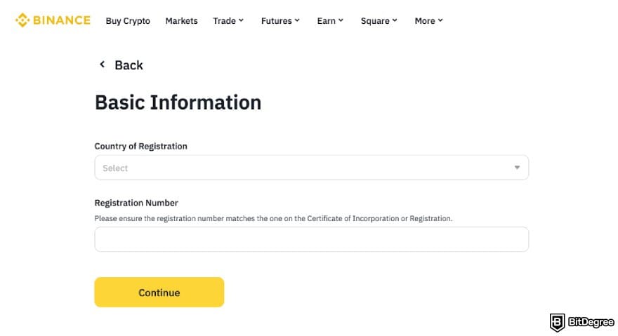 How to open Binance corporate account: filling out Country of Registration and Registration Number on Binance.