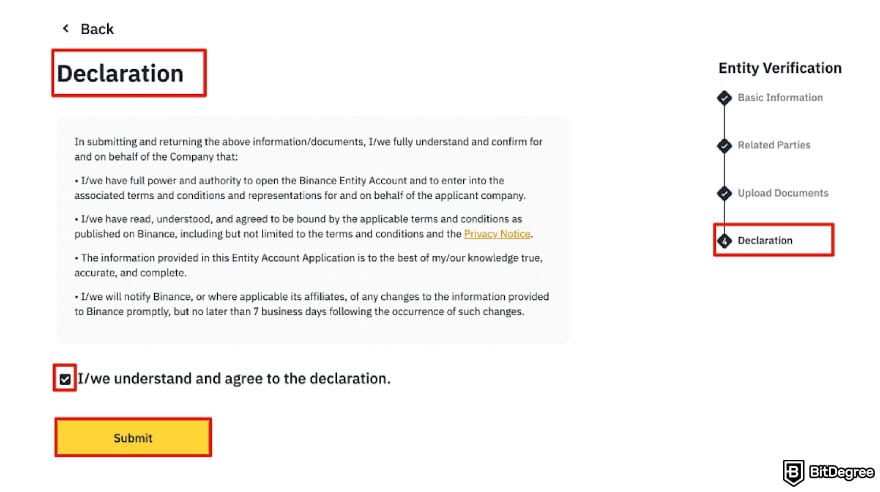 How to open Binance corporate account: the Declaration page on Binance.