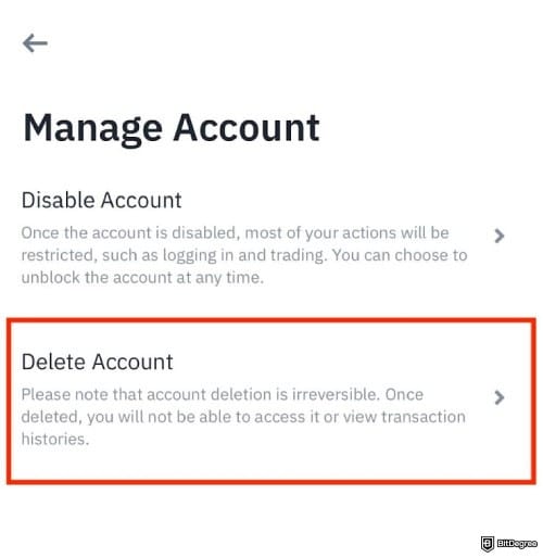 How to open Binance corporate account: the [Delete Account] option on Binance mobile.