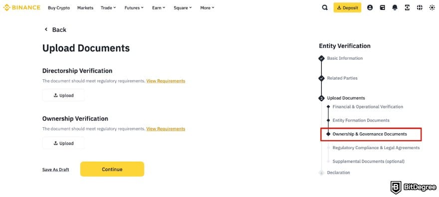 How to open Binance corporate account: the document upload process for Ownership and Governance Documents on Binance.