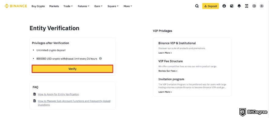 How to open Binance corporate account: Entity Verification page on Binance.