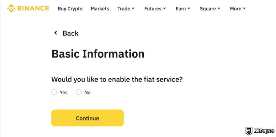 How to open Binance corporate account: the option to enable Binance's fiat service.