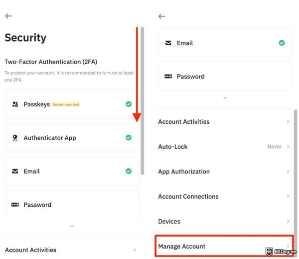 How to open Binance corporate account: the option to [Manage Account] under Security on Binance mobile.