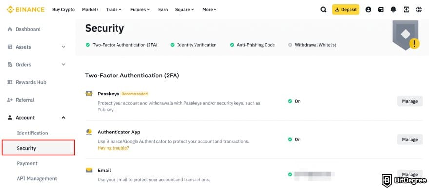 How to open Binance corporate account: the [Security] tab on the left sidebar on Binance web.