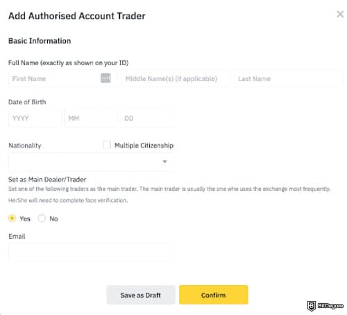 How to open Binance corporate account: add an Authorised Account Trader on Binance.