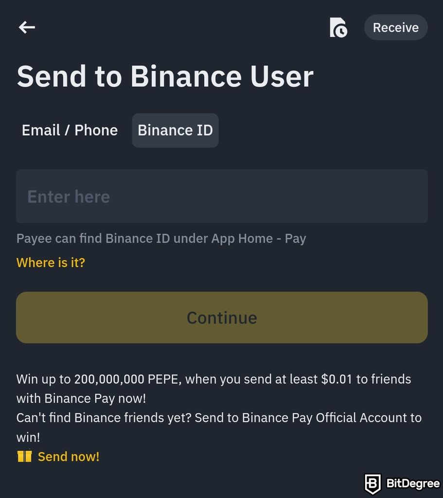 How to pay with Bitcoin: Binance app's Send to Binance User.