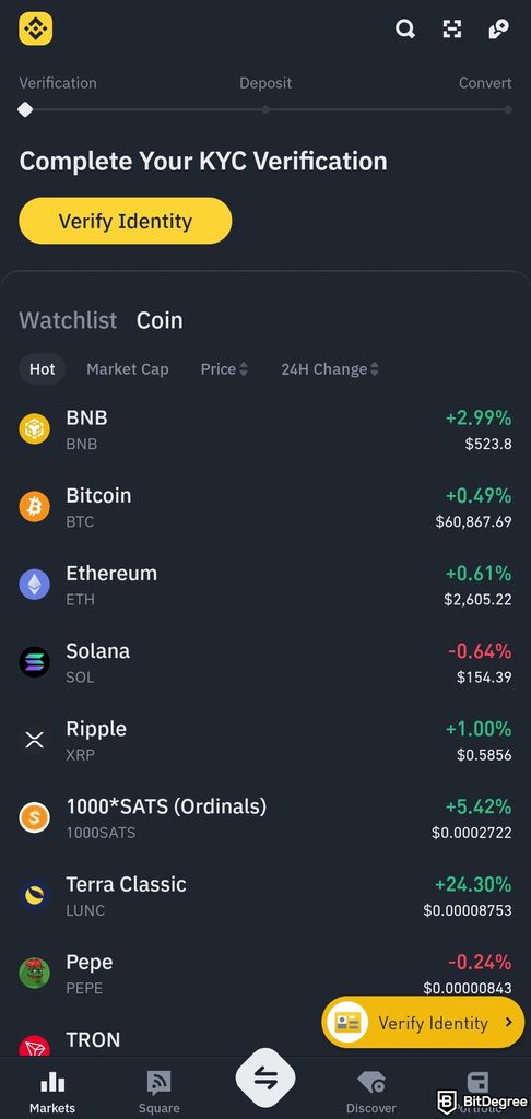 How to pay with Bitcoin: a preview of Binance app on a mobile phone.