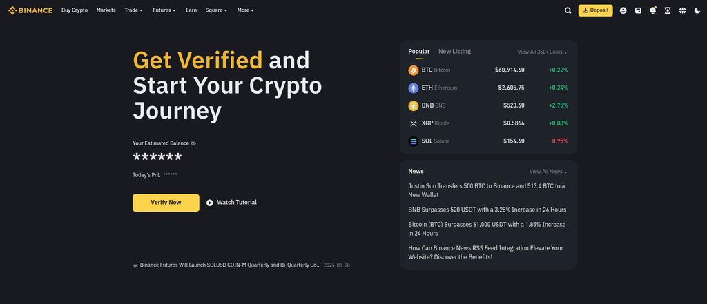 How to pay with Bitcoin: a preview of the Binance website.