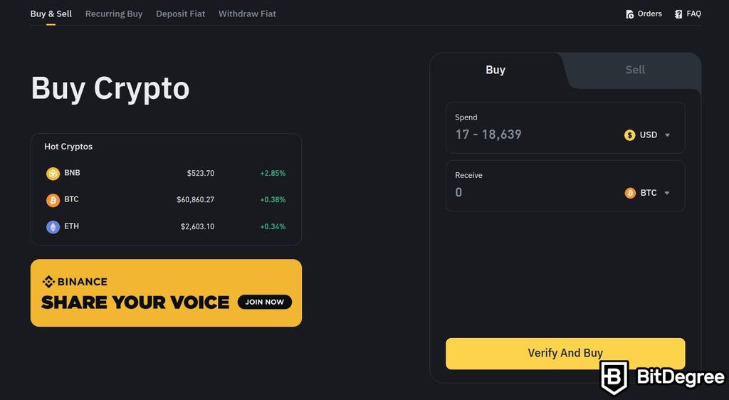 How to pay with Bitcoin: a preview of Binance's Buy Crypto page.