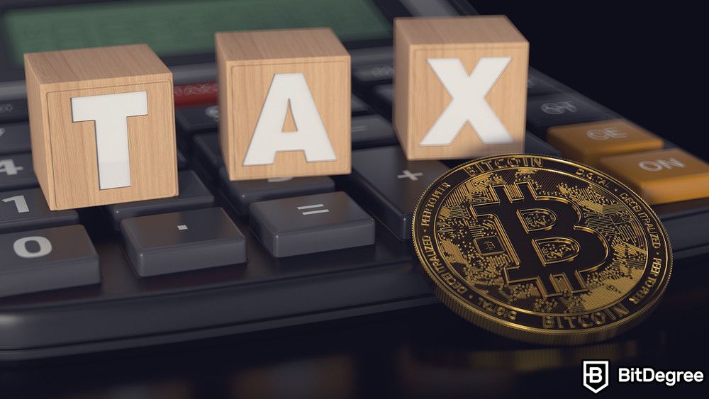 How to pay with Bitcoin: Bitcoin against calculator and wooden blocks with TAX letters on it.