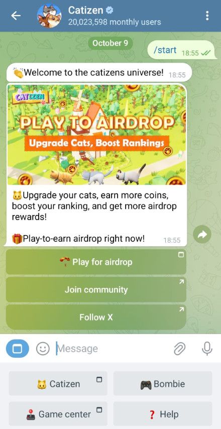 How to play Catizen: on-screen Telegram instructions.