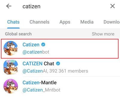 How to play Catizen: searching for the Catizen bot.