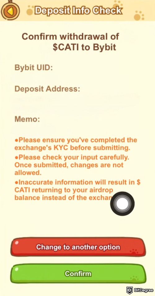 How to play Catizen: withdrawal confirmation.