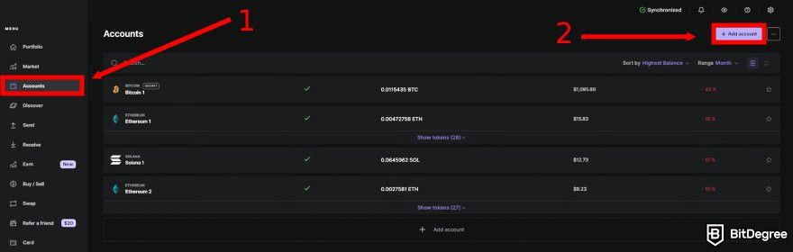 How to recover Ledger: Ledger Live interface with the Accounts and + Add account menus highlighted.