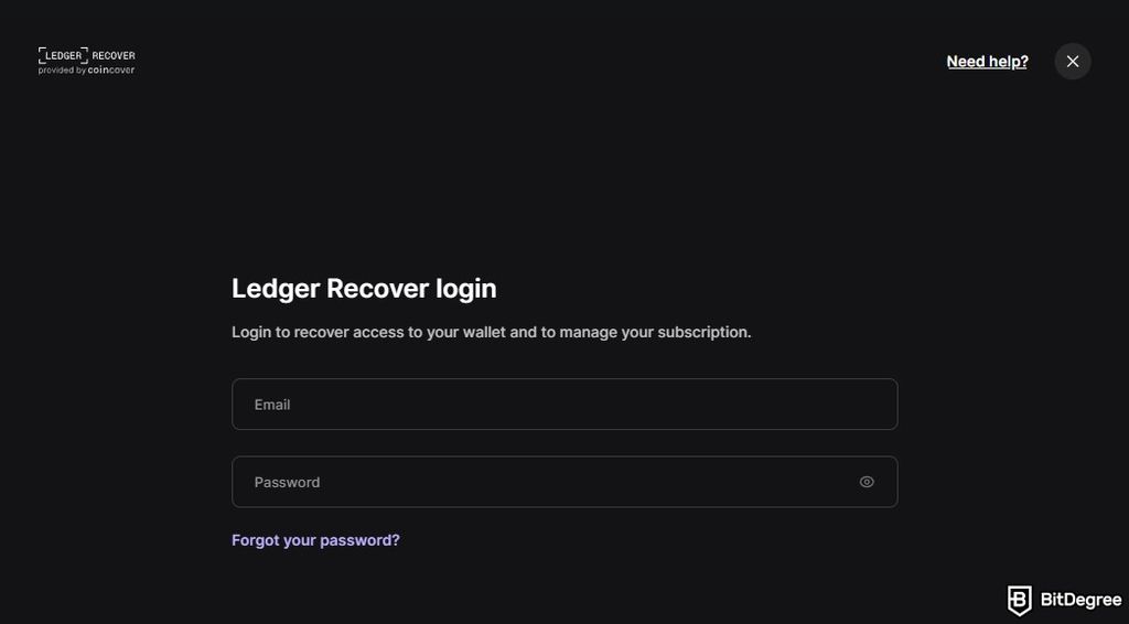 How to recover Ledger: the login page to Ledger Recover on the Ledger Live app.