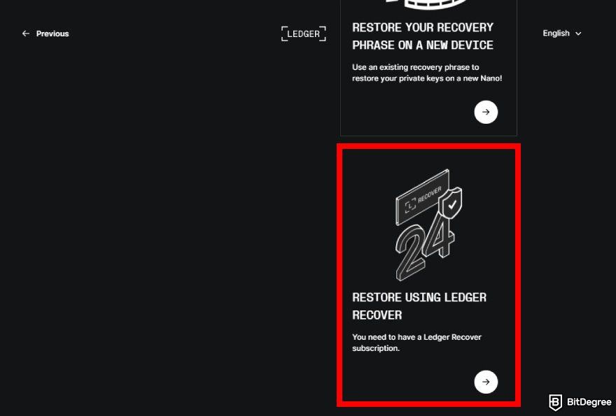 How to recover Ledger: the set up method page on Ledger Live with the Restore using Ledger Recover option highlighted.