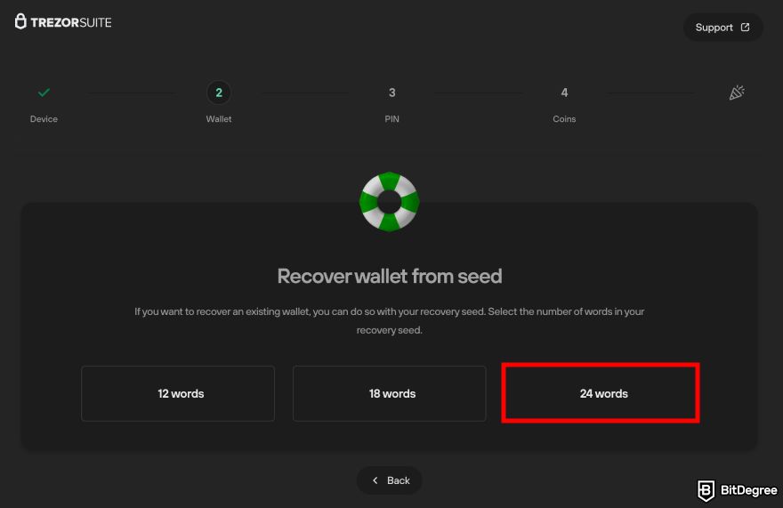 How to recover Ledger: the recover wallet from seed page on Trezor Suite set up with the 24 words button highlighted.