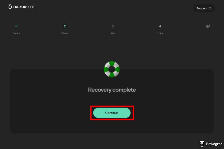 How to recover Ledger: the Recover complete page on Trezor Suite set up with the Continue button highlighted.
