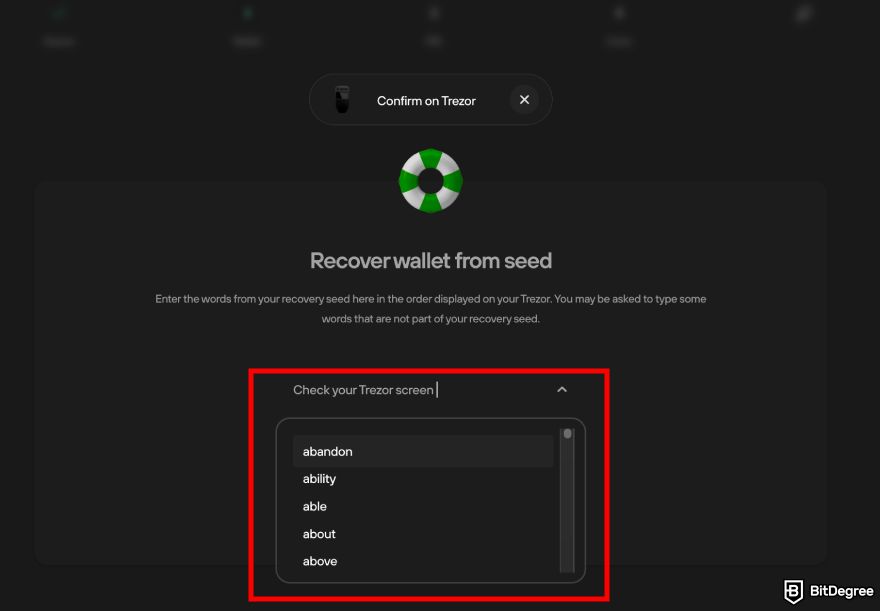 How to recover Ledger: the Recover wallet from seed of Trezor Suite set up with the input form highlighted.