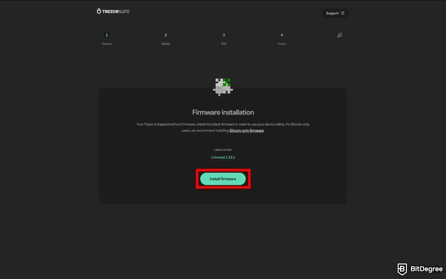 How to recover Ledger: the first page of Trezor Suite set up with the Install firmware button highlighted.