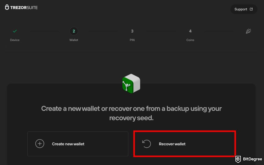 How to recover Ledger: the second page of Trezor Suite set up with the Recover wallet button highlighted.