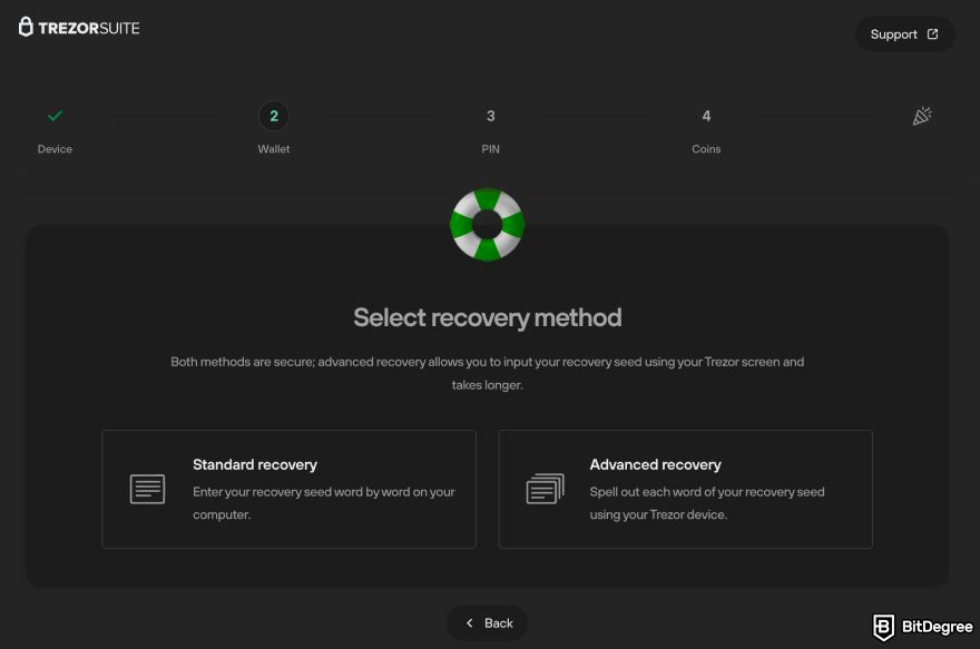 How to recover Ledger: the Select recovery method of Trezor Suite set up.