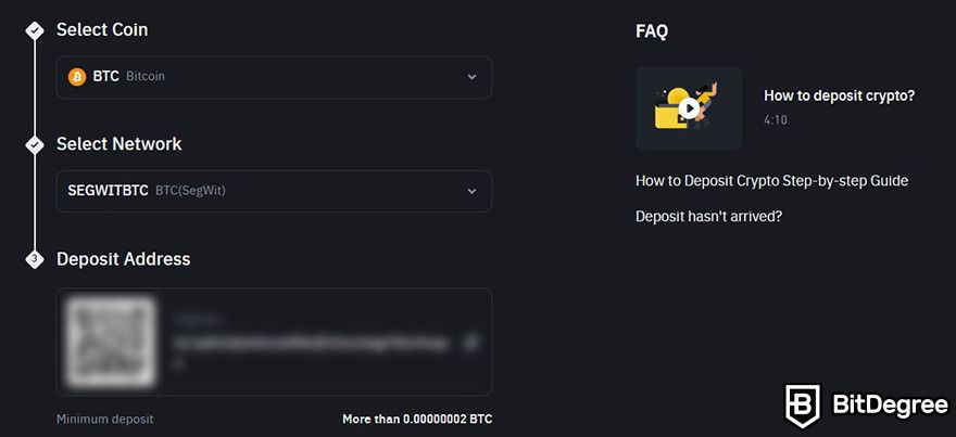 How to sell crypto from cold wallet: the page for generating a deposit address on Binance.