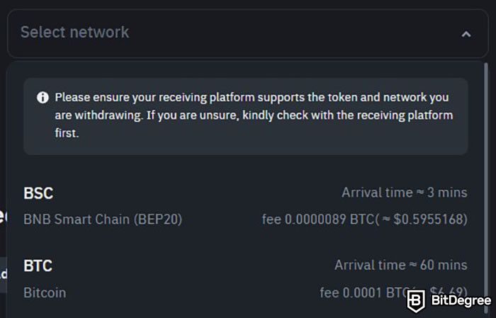 How to sell crypto from cold wallet: the drop down menu for selecting network when transferring crypto from Binance.