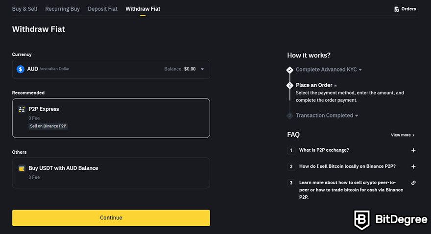 How to sell crypto from cold wallet: the Withdraw Fiat page on Binance's website.