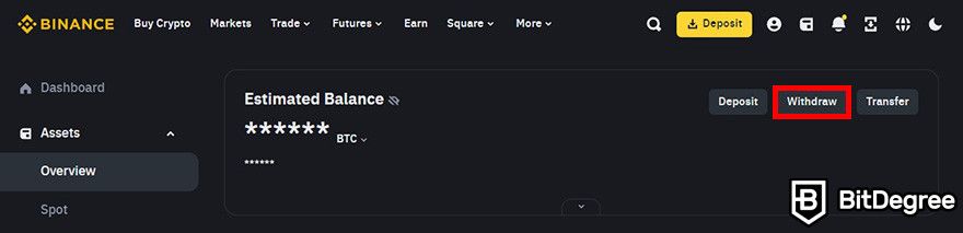 How to sell crypto from cold wallet: the Assets page on Binance's user dashboard with the Withdraw button highlighted.