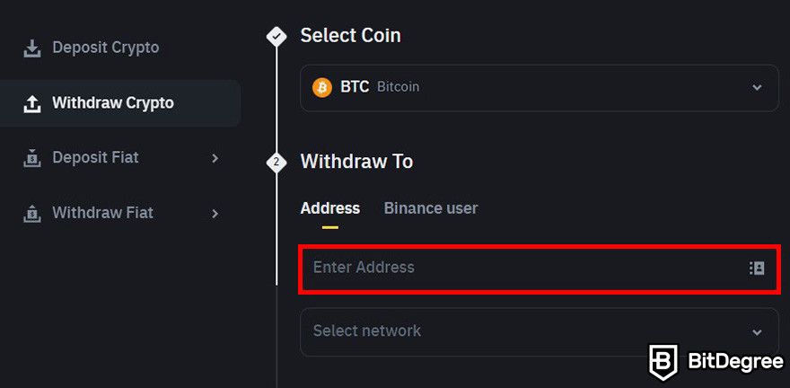 How to sell crypto from cold wallet: the withdrawal crypto page on Binance's platform with the field for withdrawal address highlighted.