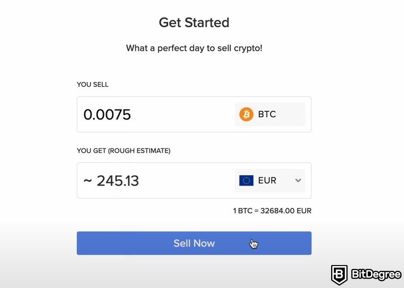 How to sell crypto from cold wallet: the Get Started page on Coinify showing the amount to sell and to get in fiat.