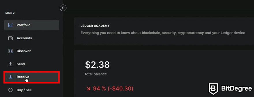 How to sell crypto from cold wallet: a part of the Ledger Live app interface, with the Receive menu highlighted.