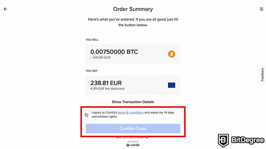 How to sell crypto from cold wallet: the Order Summary page when selling crypto from Ledger Live through Coinify.