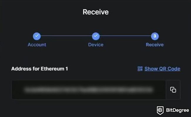 How to sell crypto from cold wallet: a popup window on the Ledger Live app showing the receive address for Ethereum account.