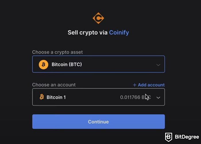 How to sell crypto from cold wallet: the menu for choosing a crypto asset and an account when selling crypto through Coinify on Ledger Live.