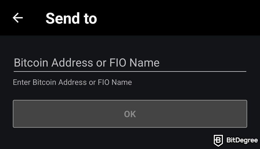 How to sell crypto from cold wallet: the field for the destination address when sending crypto from the Mycelium wallet app.