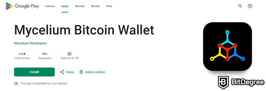 How to sell crypto from cold wallet: the Google Play page for Mycelium Bitcoin Wallet.