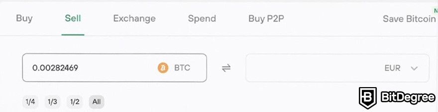 How to sell crypto from cold wallet: a part of Trezor Suite app's interface showing the fields for entering the amount of BTC to sell.