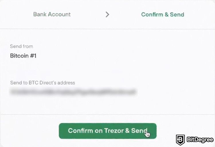 How to sell crypto from cold wallet: the Confirm and Send page when selling crypto using Trezor Suite.