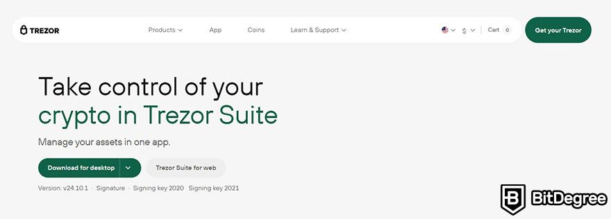 How to sell crypto from cold wallet: the landing page for Trezor Suite on Trezor's website.