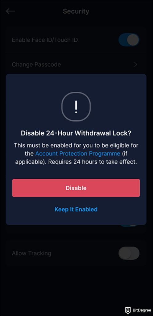 How to sell crypto on Crypto.com: The confirmation popup when turning off 24-Hour Withdrawal Lock.