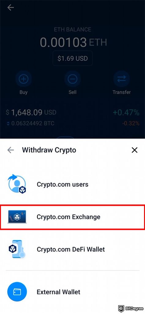 How to sell crypto on Crypto.com: Choosing the Crypto.com Exchange on the withdraw option.