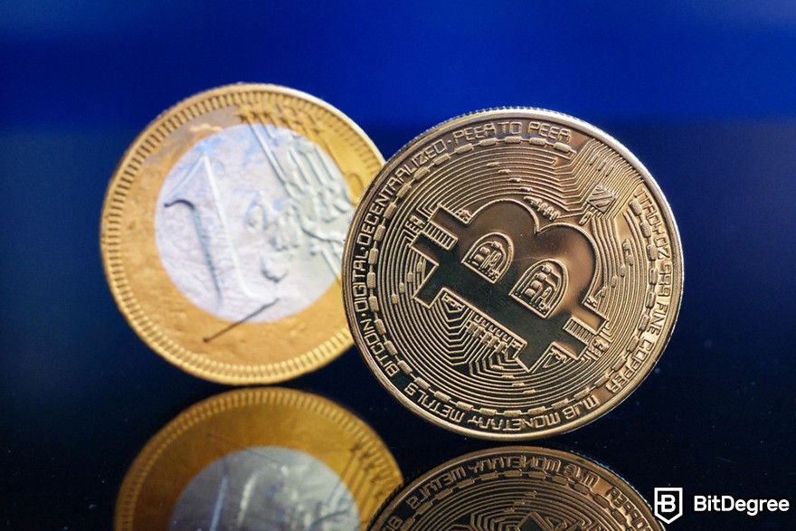 How to sell crypto on Crypto.com: A Bitcoin token and a 1 Euro coin.