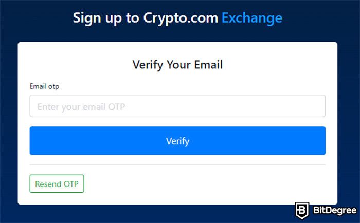 How to Sell Crypto on Crypto.com: The email OTP page on Crypto.com registration process.
